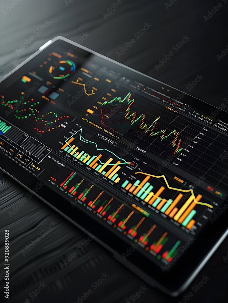 Photo Realistic Tablet Showing Financial Chart Interface on Plain Background for Design and Finance Concepts in Photo Stock Photo Realistic Tablet Showing Financial Chart Interface on Plain Background for Design and Finance Concepts in Photo Stock