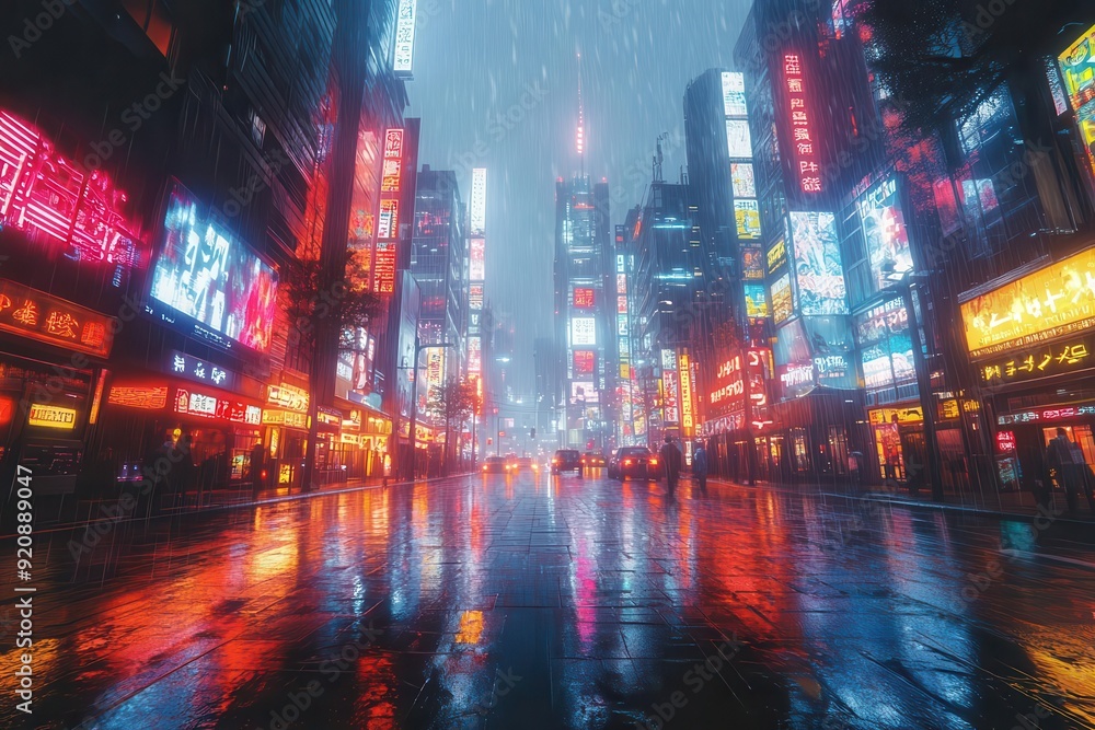neonlit cyberpunk cityscape at night towering skyscrapers holographic advertisements rainslicked streets dense fog creating eerie atmosphere neonlit cyberpunk cityscape at night towering skyscrapers holographic advertisements rainslicked streets dense fog creating eerie atmosphere