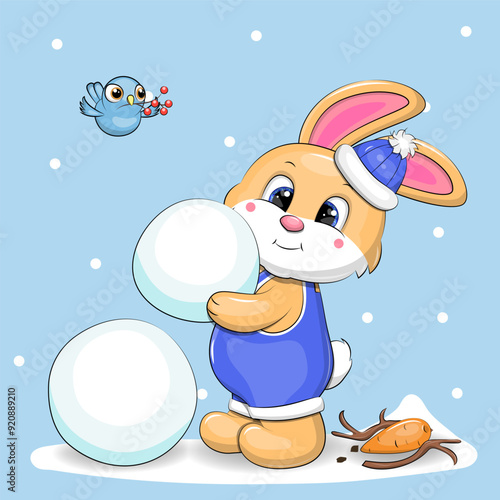 A cute cartoon rabbit makes a snowman. Winter vector illustration on a blue background with snow.