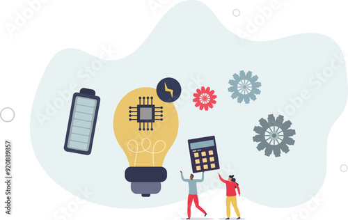 work battery and light bulb to generate creative innovation and new alternative solutions.flat design with people.