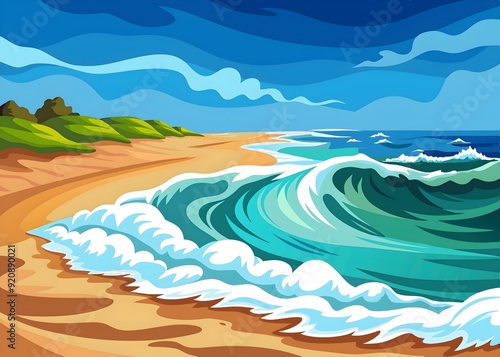 Vibrant Ocean Waves Sandy Beach Lush Greenery Clear Blue Sky Idyllic Coastal Landscape