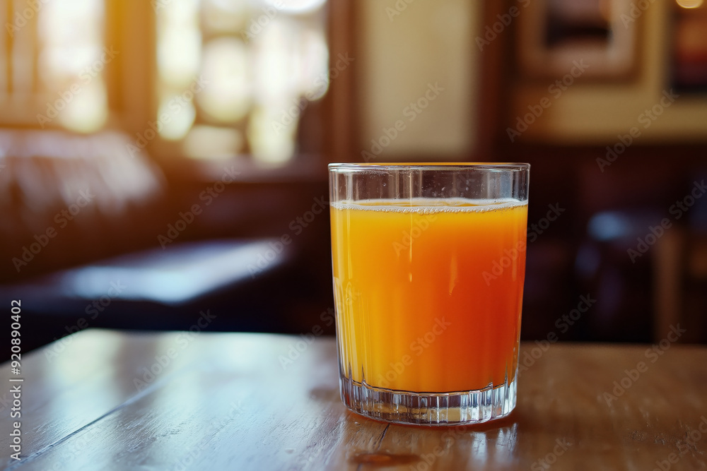 Glass of fresh orange juice on a wooden table in a cozy cafe setting with warm natural light Glass of fresh orange juice on a wooden table in a cozy cafe setting with warm natural light