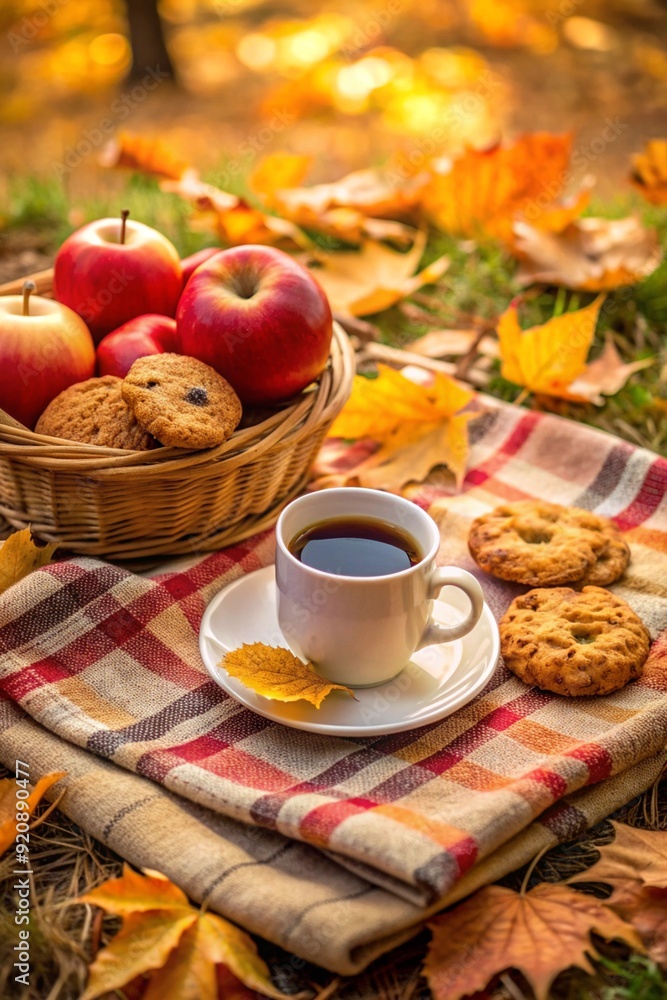 A cozy autumn picnic scene in the park. Cup of coffee, apple and cookies on picnic plaid on nature yellow leaves A cozy autumn picnic scene in the park. Cup of coffee, apple and cookies on picnic plaid on nature yellow leaves