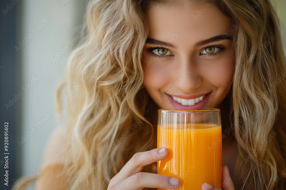 Young Caucasian female with curly blonde hair smiling while holding a glass of orange juice, close-up portrait, emphasizing a healthy and refreshing lifestyle Young Caucasian female with curly blonde hair smiling while holding a glass of orange juice, close-up portrait, emphasizing a healthy and refreshing lifestyle