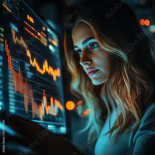 Description: A focused young woman analyzing financial data on a computer screen in a dark, modern setting, illuminated by the glow of graphs and charts.
