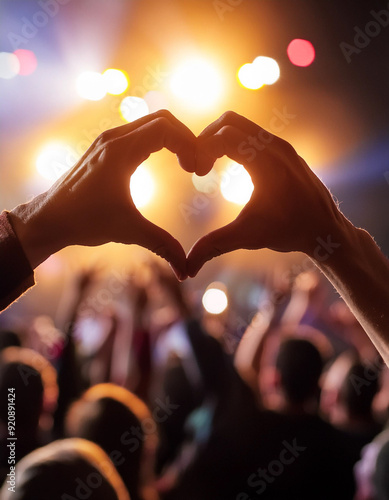 Crowd of Audience at during a concert with silhouette of a heart shaped hands shadow, light illuminated is power of music concert photo