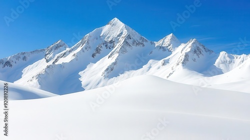 Snow-covered mountain landscape, peaks glistening in the sunlight, clear blue sky, untouched white snow, serene and majestic view, copy space for adventure and winter themes