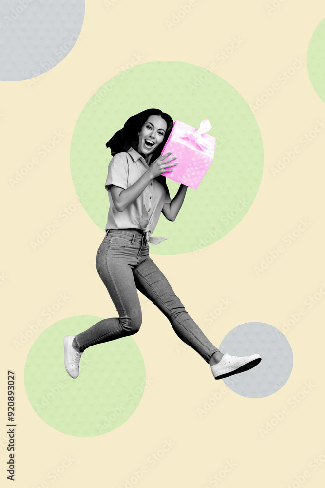 Exclusive magazine picture sketch collage image of funky cheerful girl exiting getting gift isolated creative background