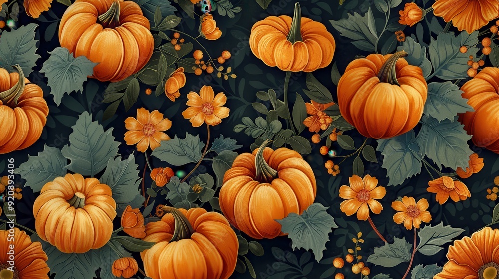 Pumpkins and Flowers on a Dark Background Pumpkins and Flowers on a Dark Background