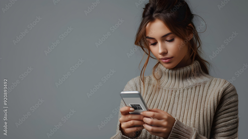 Mobile Banking: Woman Scanning QR Code on Phone | Photo Realistic Stock Concept Mobile Banking: Woman Scanning QR Code on Phone | Photo Realistic Stock Concept