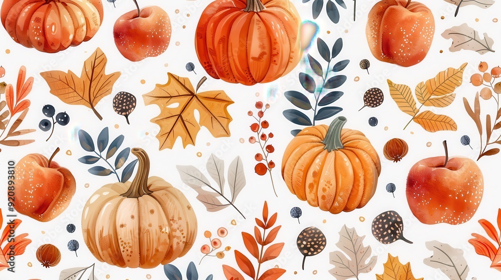Watercolor Seamless Pattern of Pumpkins, Apples, and Autumn Leaves Watercolor Seamless Pattern of Pumpkins, Apples, and Autumn Leaves