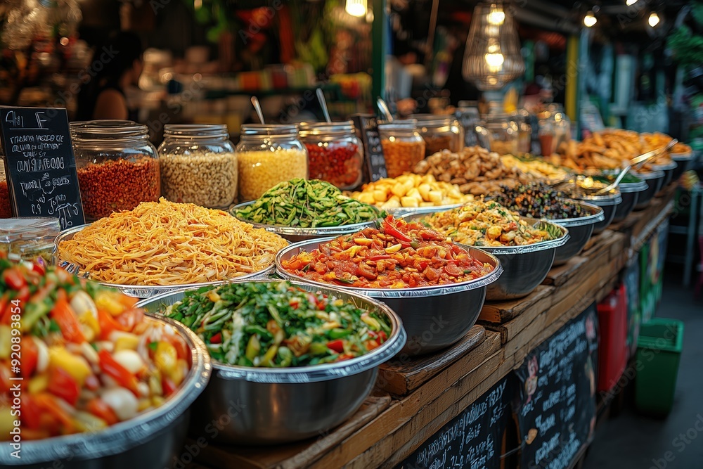 A bustling scene at Chatuchak Market, with vendors selling colorful Thai street food and shoppers exploring the diverse stalls, highlighting the vibrancy of Bangkok markets and its rich culinary A bustling scene at Chatuchak Market, with vendors selling colorful Thai street food and shoppers exploring the diverse stalls, highlighting the vibrancy of Bangkok markets and its rich culinary