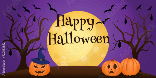Gradient violet halloween cartoon horizontal banner template