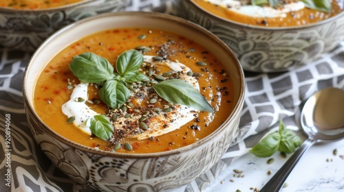 Creamy Pumpkin Soup with Basil, Seeds, and Spices