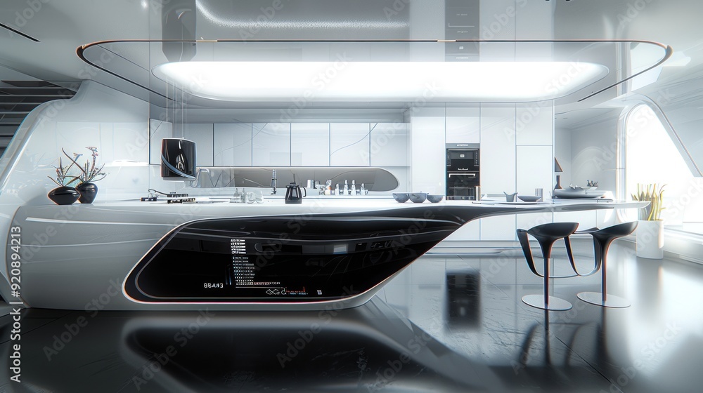 Futuristic kitchen with central island, built-in touchscreen control panel, black and white color scheme, sleek bar stools. Futuristic kitchen with central island, built-in touchscreen control panel, black and white color scheme, sleek bar stools.