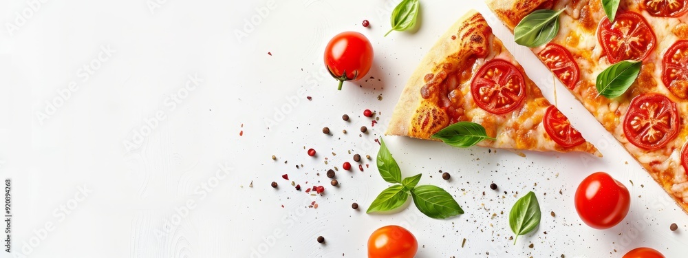 Two slices of pizza on a pristine white surface, garnished with tomato slices and basil leaves Two slices of pizza on a pristine white surface, garnished with tomato slices and basil leaves