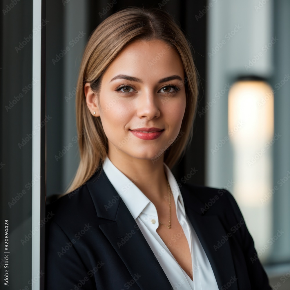Business attire-clad woman exudes confidence while posing near window Business attire-clad woman exudes confidence while posing near window