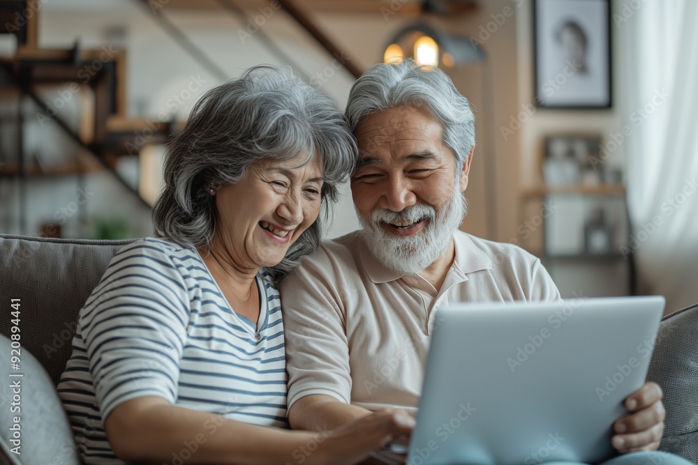 Happy senior couple laughing while using a laptop together on a couch. Happy senior couple laughing while using a laptop together on a couch.