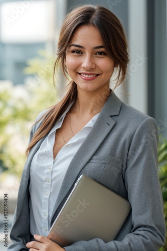 Business attire woman holding laptop, confident and professionally smiling 