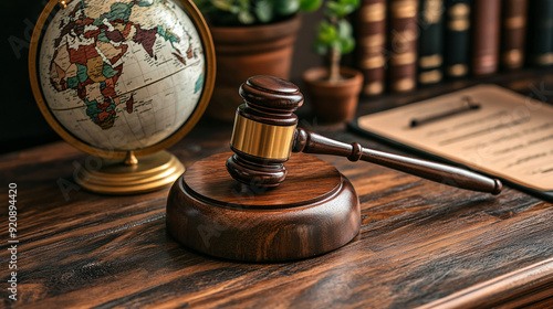 a legal gavel placed on a modern management work table. globe and justice balance scale beside for anti trust photo