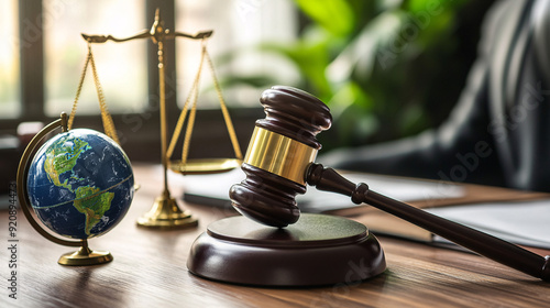 a legal gavel placed on a modern management work table. globe and justice balance scale beside for anti trust