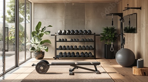 Minimalist gym with rowing machine, free weights on sleek rack, smart fitness mirror.