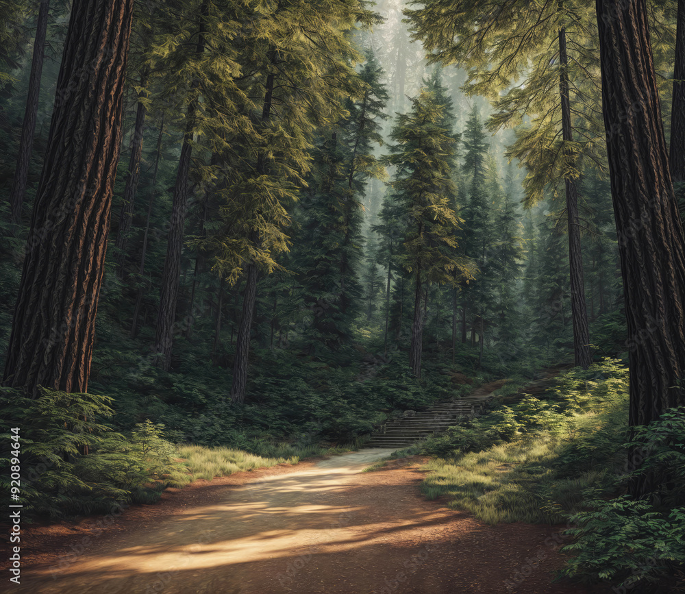 Fototapeta premium A forest path with trees on either side