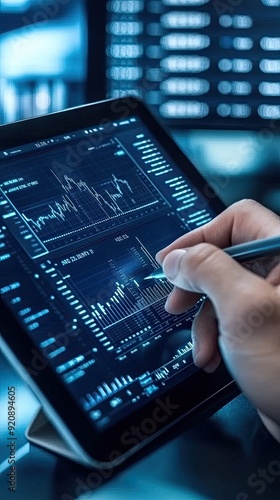 A user engages with a digital tablet displaying a business analytics dashboard, drawing and writing key performance data in a sleek office environment