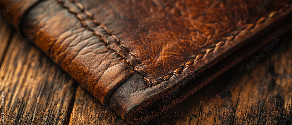 Close-Up of a Leather Wallet: A highly detailed close-up of a handcrafted leather wallet, focusing on the texture of the leather and the precision of the stitching, a rustic wooden background. Close-Up of a Leather Wallet: A highly detailed close-up of a handcrafted leather wallet, focusing on the texture of the leather and the precision of the stitching, a rustic wooden background.