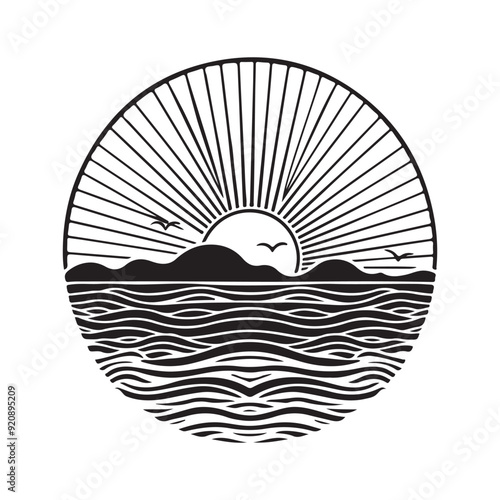 Sunset Illustration Vectors. Black and white Sunset image vector isolated on white background.