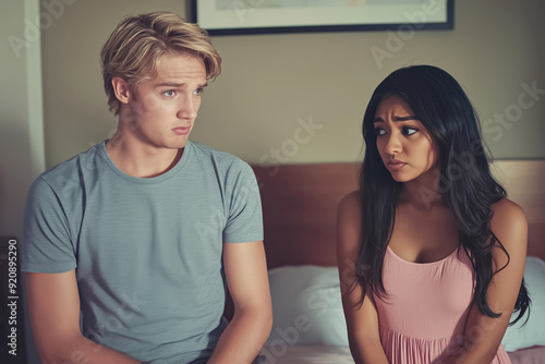 Young couple is sitting on their bed, looking sad and having a communication problem