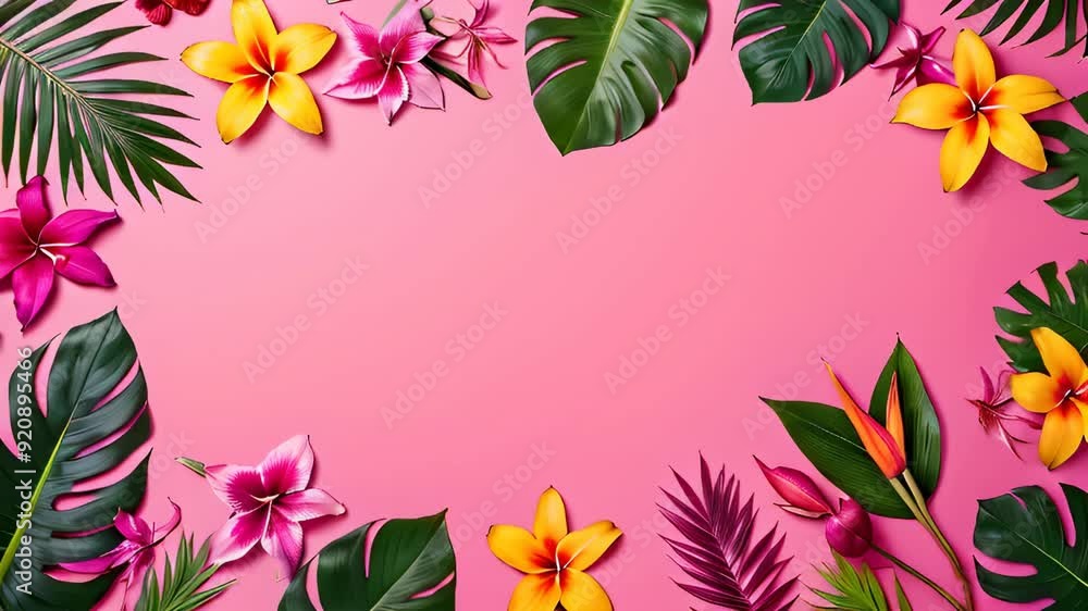 Flat lay of tropical flowers and leaves arranged on a pink background, empty space place for text banner. Flat lay of tropical flowers and leaves arranged on a pink background, empty space place for text banner.