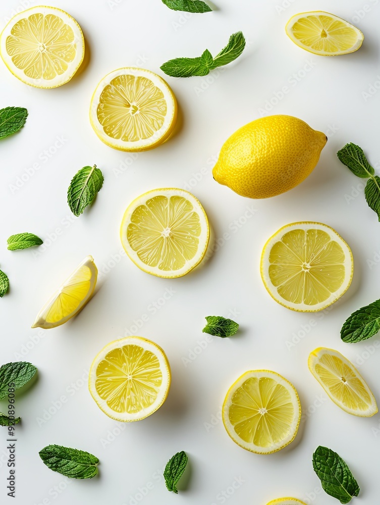 Fresh Lemon Slices and Mint Leaves in Motion on White Background - Minimalist Composition of Citrus and Herbs Flying Fresh Lemon Slices and Mint Leaves in Motion on White Background - Minimalist Composition of Citrus and Herbs Flying