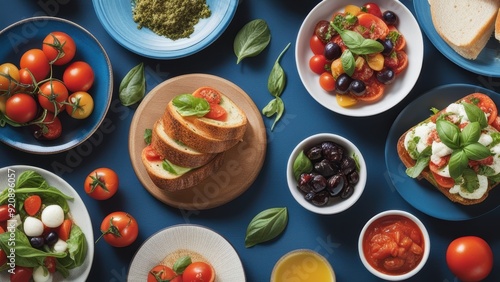 Colorful bounty of Italian gastronomy tomatoes olives bread cheese pasta & olive oil celebrating fresh vibrant flavors.