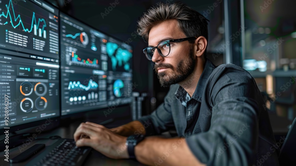Man Analyzing Data on Multiple Monitors Man Analyzing Data on Multiple Monitors