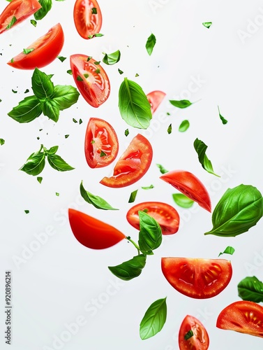 Wallpaper Mural Vibrant Minimalist Composition of Flying Tomato Slices and Basil Leaves on White Background Torontodigital.ca