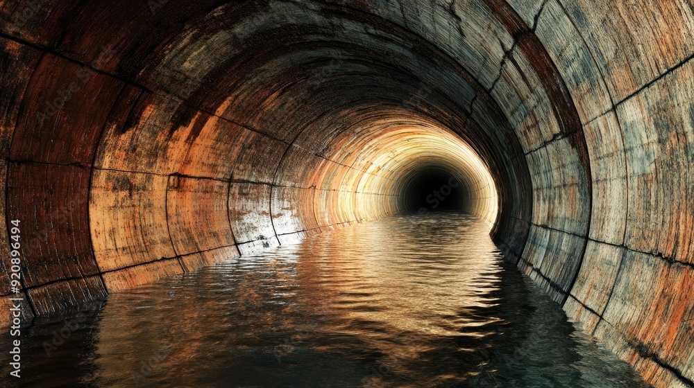 Naklejka premium Underground water drainage tunnel with a curved path, illustrating the complexity and efficiency of urban infrastructure.