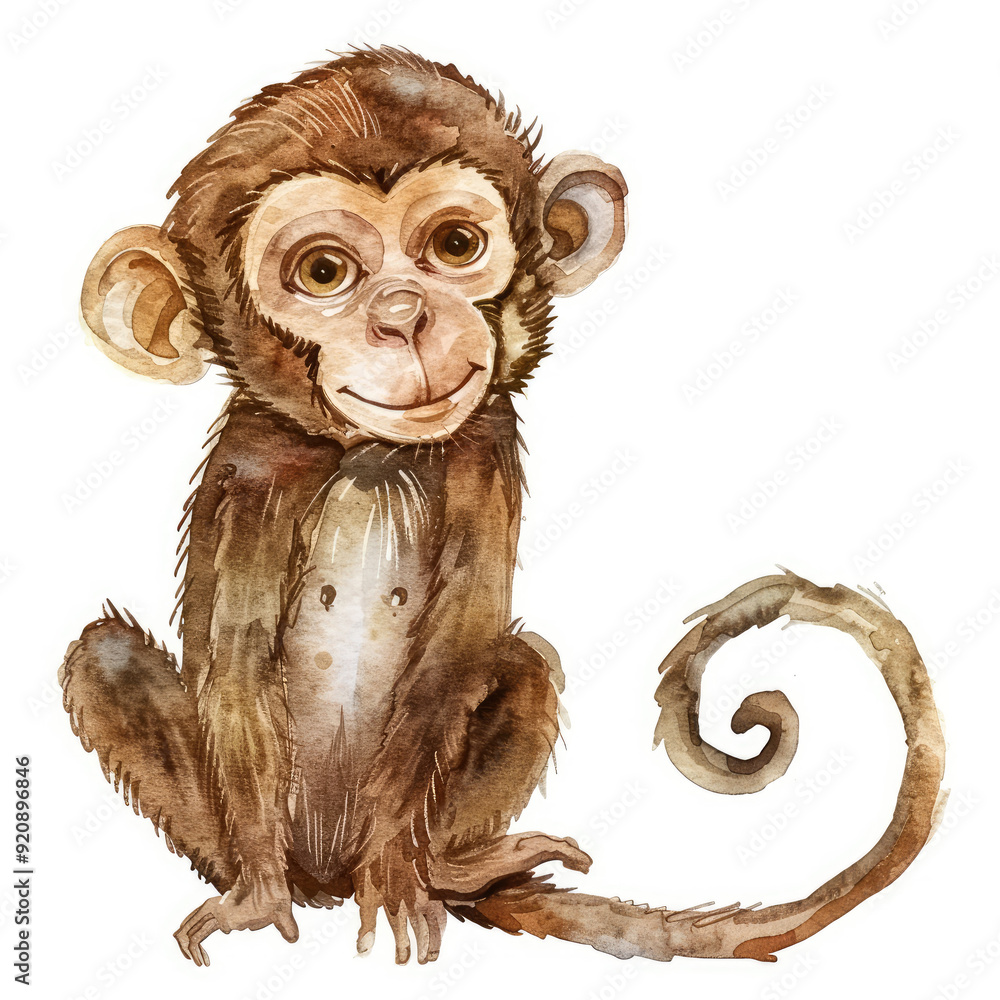Playful Monkey with Brown Fur in Watercolor Playful Monkey with Brown Fur in Watercolor