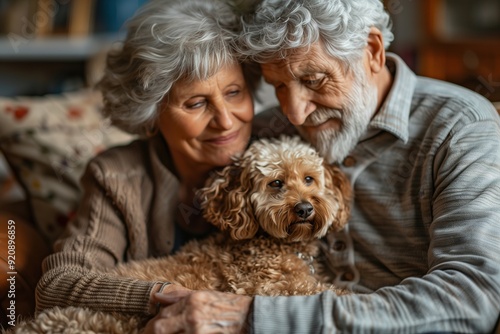 Senior couple cuddling their dog on a couch.