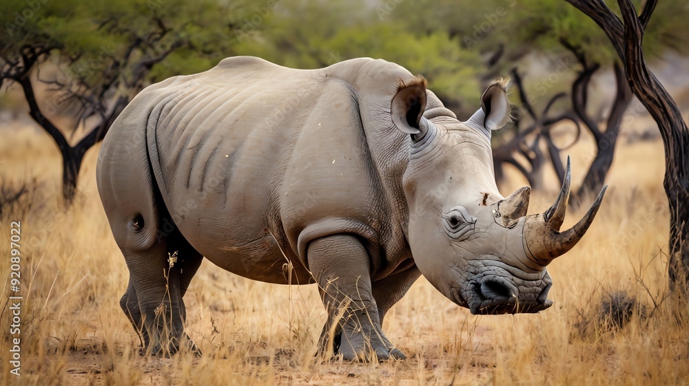 A large, gray rhinoceros standing in tall, dry grass with trees in the background. A large, gray rhinoceros standing in tall, dry grass with trees in the background.
