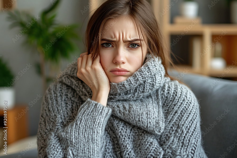 Woman with ill appearance holding her neck Woman with ill appearance holding her neck