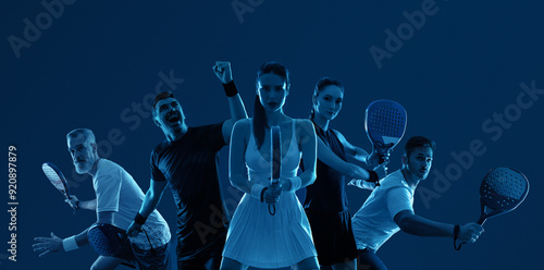 Padel tennis open tour poster. Flyer template with athletes players with rackets. Men and women with paddle racket on court. Download a high quality photo for the design of a sports app