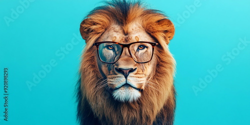 A lion wearing glasses in light blue background