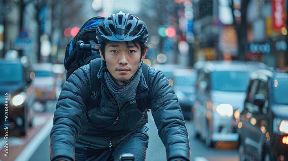 Man Riding Bike Through City Traffic