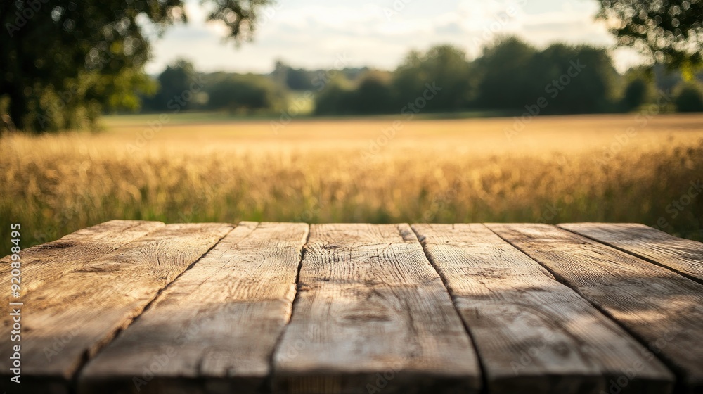 Wooden table in a rustic setting, with a blurred farm field behind it, emphasizing nature and simplicity. Wooden table in a rustic setting, with a blurred farm field behind it, emphasizing nature and simplicity.