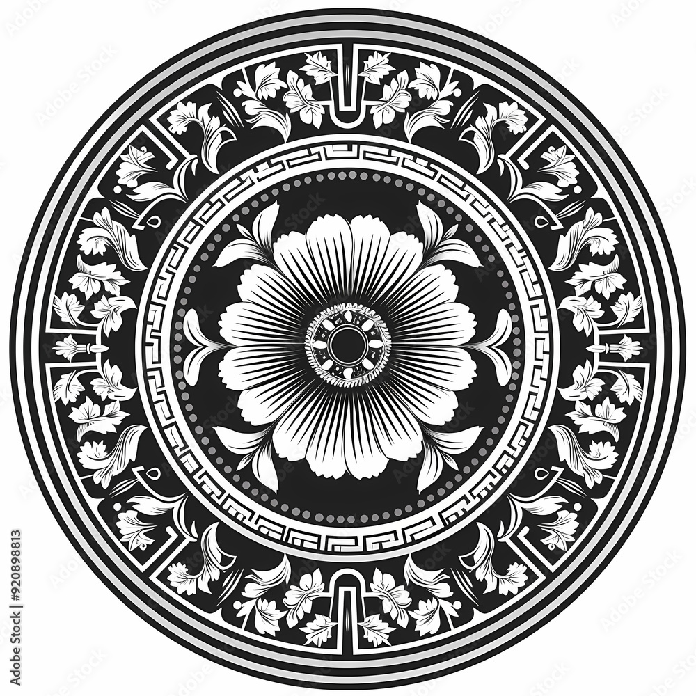 Fototapeta premium Vector round floral monochrome classic ornament. Greek meander. Patterns of Greece and ancient Rome. European border in a circle.