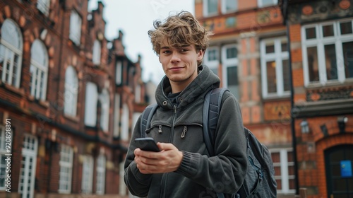 Young Man with Backpack Using Smartphone in City