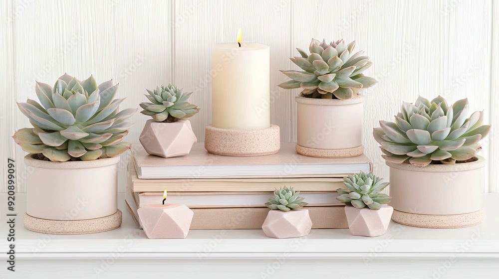 Obraz premium Stylish white bookshelves display stacks of books alongside pastel decor, potted succulents, and geometric shapes in a bright, inviting space