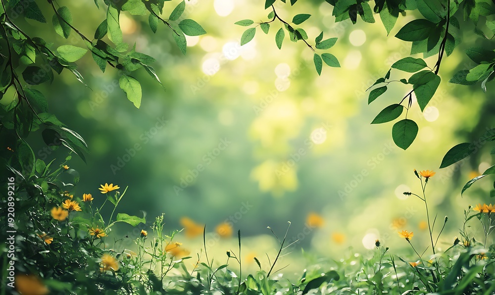 Background of a Forest Glade with Sunlight and Soft Bokeh Wildflowers
