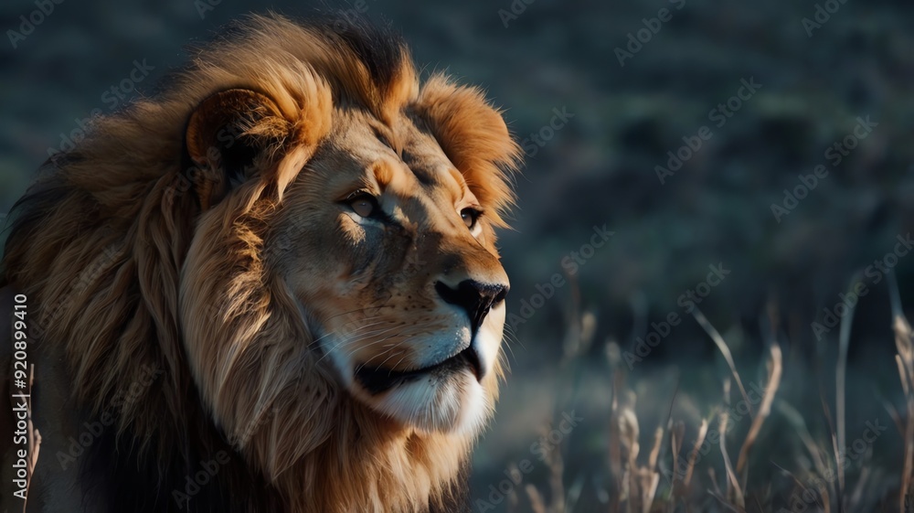 Obraz premium A close-up of a majestic lion with a thick mane, sitting in a grassy field with mountains in the background.
